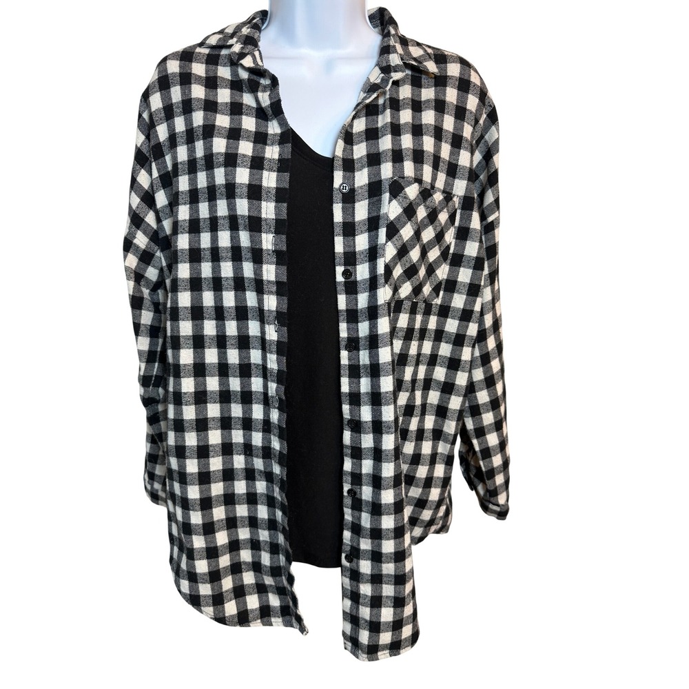 Buffalo Check Plaid Flannel Button Down Shirt Cozy Cotton Black White Small